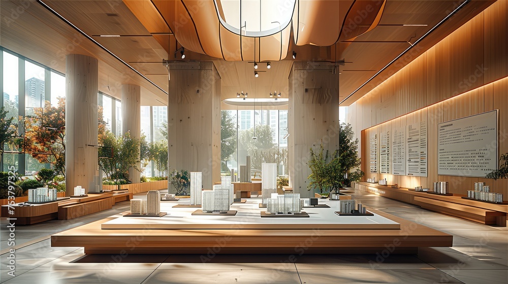 Poster a futuristic architectural office space, blending wooden warmth with modern minimalism. central to t