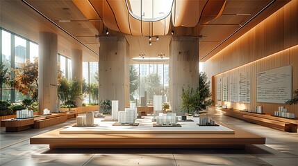 A futuristic architectural office space, blending wooden warmth with modern minimalism. Central to the room is a showcase of high-rise building models. Generative AI.