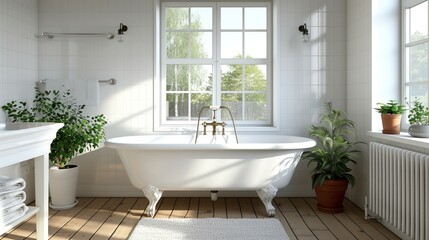 a white bath tub sitting next to a window next to a white radiator and a potted plant.
