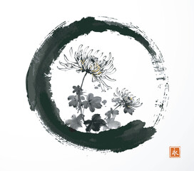 Ink wash painting with chrysanthemum in black enso zen circle. Traditional oriental ink painting sumi-e, u-sin, go-hua on white background. Translation of hieroglyph - eternity