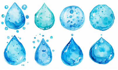 Set of watercolor blue and cyan water splashes, drops and  spots
