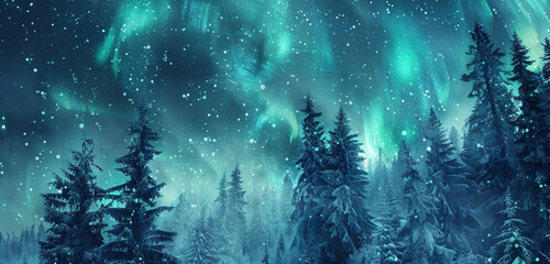 A frost-covered forest seamlessly fused with the aurora borealis, for an ethereal double exposure, showcasing colors of emerald and icy blue
