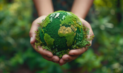 Hands Holding Globe In Green Forest - Environment protection Concept