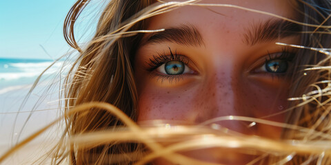 Close-up image of woman eyes at the beach - obrazy, fototapety, plakaty
