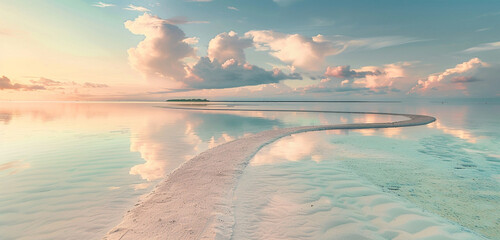 A heavenly path in pale peach, meandering through the calm, crystal-clear waters of a tropical lagoon