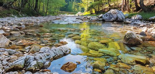 Naklejka na ściany i meble A image of a crisp, clear stream meandering through a rocky forest, capturing the clarity of the water and the ruggedness of the stones