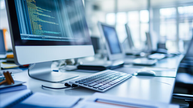IT programming office with focus on computer screen with code on it