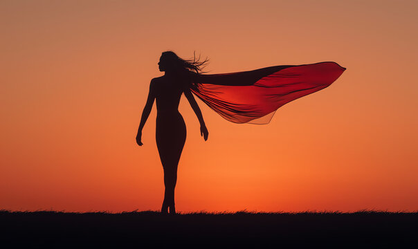 superhero woman silhouette with cape flowing in wind