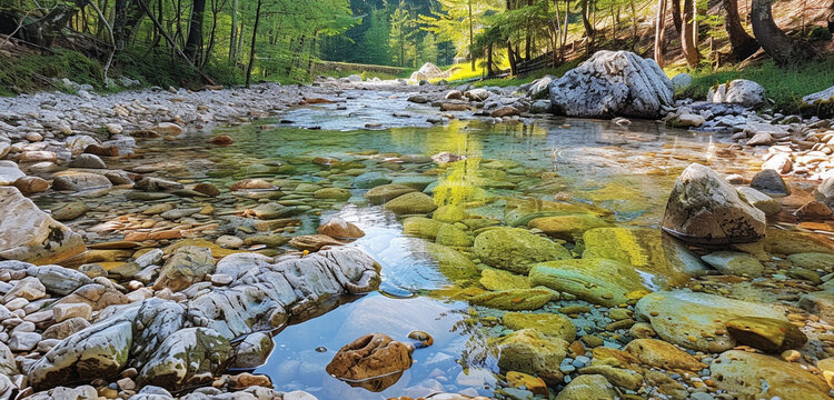 A image of a crisp, clear stream meandering through a rocky forest, capturing the clarity of the water and the ruggedness of the stones
