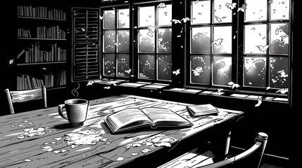 a black and white photo of a table with a book and a cup of coffee in front of a window.