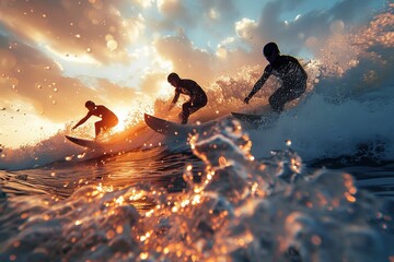 Three surfers elegantly ride the glowing sunset waves, portraying freedom