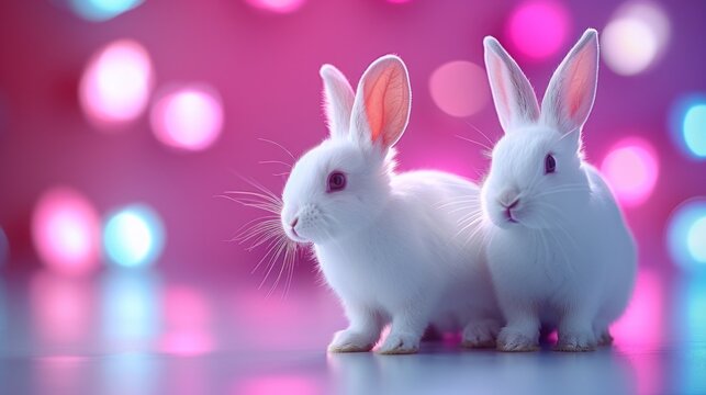two white rabbits sitting side by side in front of a pink and blue background with boke of lights behind them.