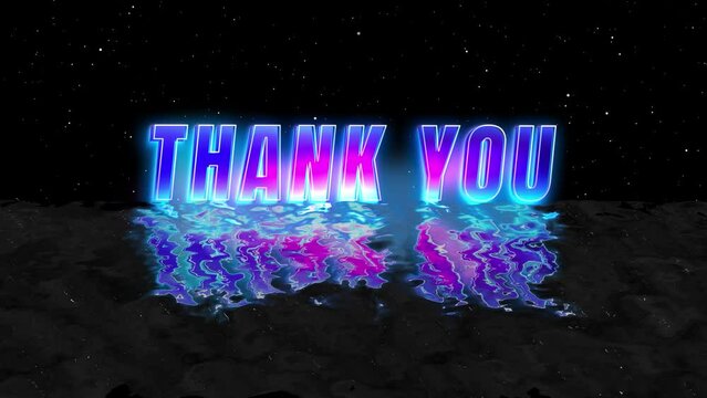 Thank You 80s retro futuristic neon glow cyberpunk color text Intro and Outro motion graphic template with ocean wave and stars burst particle black background. 4k Thank You end screen 2d animation.