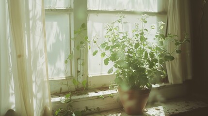 a potted plant sitting on a window sill next to a window sill with a curtain behind it.