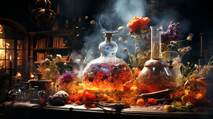 Alchemy and Transformation: Installation with chemical flasks symbolizing alchemical processes and transformation.