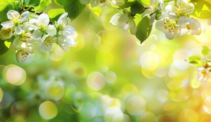 Fototapeta na wymiar Beautiful spring background with blooming apple tree flowers on a blurred green nature background Generative AI