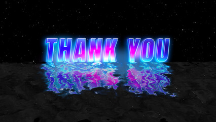 Thank You 80s retro futuristic neon glow cyberpunk color video text outro isolated on ocean wave and stars burst particle black background. 4k Thank You end screen artwork illustration.
