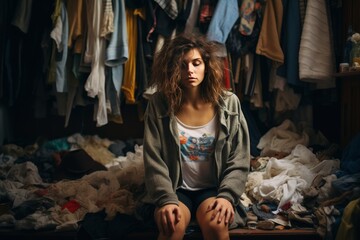 young woman sitting on the floor of a messy wardrobe filled with hundreds of clothes at home - obrazy, fototapety, plakaty