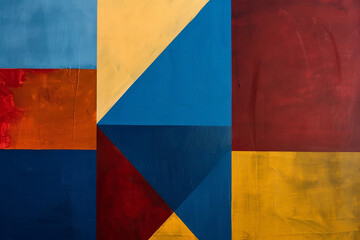 An abstract composition with geometric shapes in shades of red, blue, and yellow, creating a sense of balance and harmony.