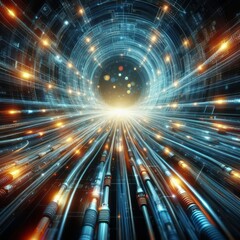 a tunnel of light, symbolizing the rapid acceleration of data through technology, surrounded by a framework suggestive of circuitry and digital interfaces
