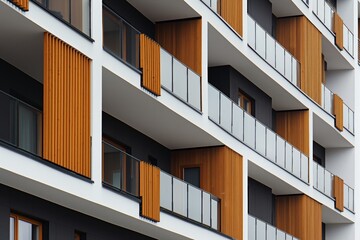 Contemporary building facade with white walls, wooden slat cladding, and glass railings on balconies