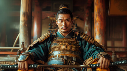 Portrait of a powerful ancient samurai warrior wearing a traditional armor. (AI generated) - obrazy, fototapety, plakaty