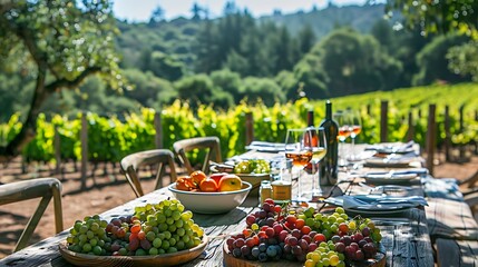 A picturesque vineyard scene with rows of grapevines and a table set for wine tasting