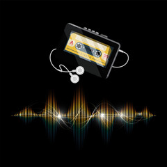 Walkman - audio cassette player with music wave on black background, vector
