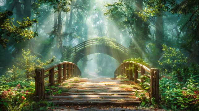 Serene Forest Walkway, Wooden Bridge in Lush Jungle, Natures Peaceful Retreat