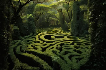 Fototapeten Green labyrinth of verdant shrubbery in garden © neirfy