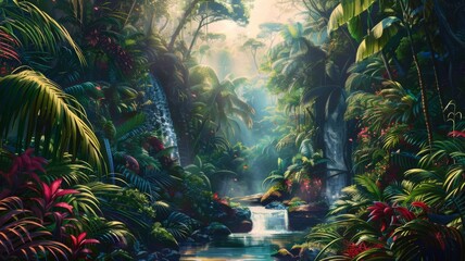 Mystical tropical jungle with a serene waterfall - A hidden paradise with lush greenery and a captivating waterfall invites a sense of adventure and peace within a tropical setting