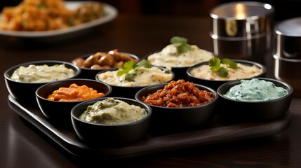 Various spicy and savory snacks are placed on a banana. Indian Food