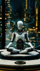 Capture the stillness of a robot in a meditative pose,