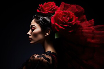 flamenco dancer emerging from a red rose flower.