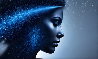 Woman head in profile made of blue glowing particles