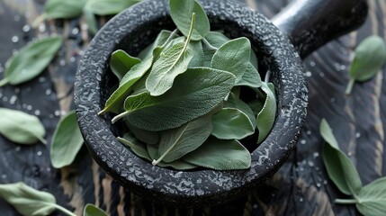 A mortar and pestle with dried sage leaves - obrazy, fototapety, plakaty