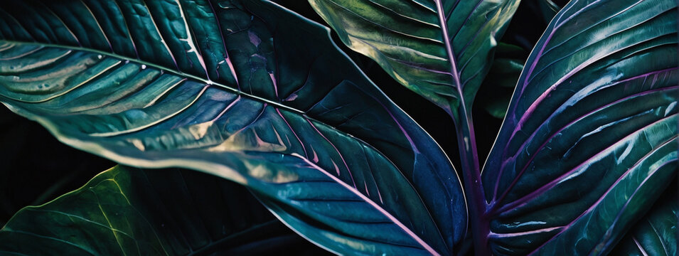Textures of abstract periwinkle leaves, offering a fresh and dark tropical concept. Dark nature concept, tropical leaf.