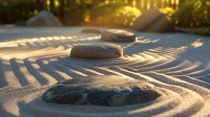 A serene Zen garden at dawn, perfectly raked sand, neatly arranged stones, gentle morning light creating soft shadows, symbolizing tranquility and mindfulness. Resplendent.