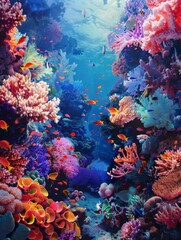 Vibrant underwater coral reef ecosystem - An ethereal underwater scene displaying a vibrant and bustling coral reef ecosystem teeming with marine life