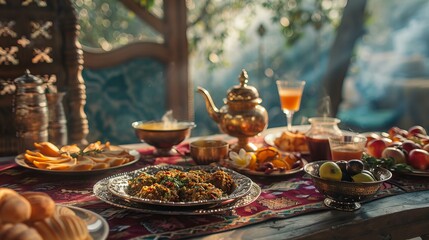 Fototapeta premium beautifully set traditional Middle Eastern table with delicious food, tea service on it, soft morning light streaming