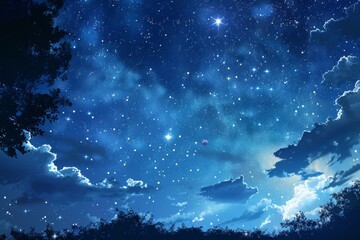 Obraz na płótnie Canvas Starry night sky with fluffy clouds - Stunning celestial scene with twinkling stars scattered across a cloudy night sky, invoking a sense of calm and wonder