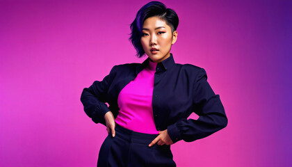 photo of asian woman as a mafia gang member standing against pink background, generative AI