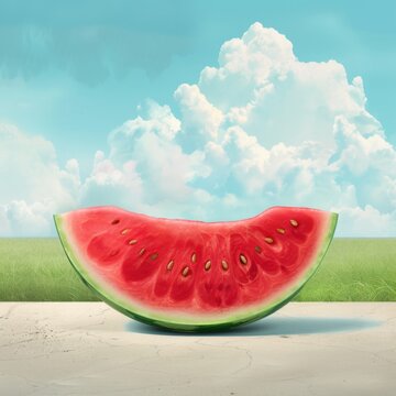 Sliced watermelon on sandy beach - A vibrant image depicting a juicy slice of watermelon resting on a sandy beach with clear blue sky and fluffy clouds in the background