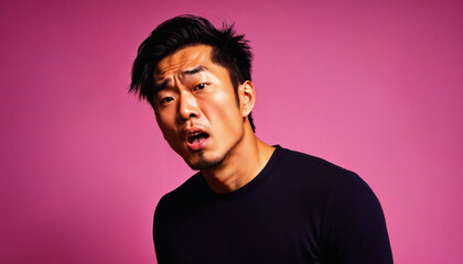 Obraz premium photo of asian man as a mafia gang member standing against pink background, generative AI