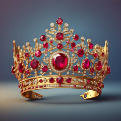 Luxurious gold crown with diamonds and rubies on blue background. Square. Crown with monograms
