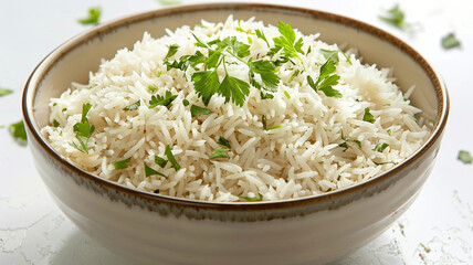 A bowl of aromatic basmati rice, perfectly steamed to fluffy perfection, garnished with fresh herbs, presented on a white background to emphasize the essential staple of many culinary traditions