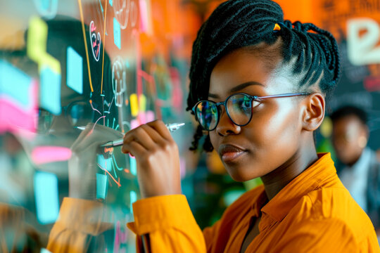 Young Woman Explaining Sales Growth Plan to a Diverse Team People Using a Glass Board and a Marker.
