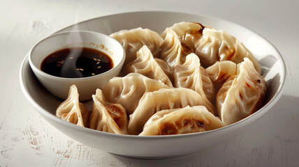 A bowl of classic dumplings, steamed to perfection and served with a side of soy sauce, arranged on a white background to focus on the delicate pleats and steamy filling