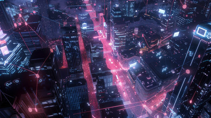 A bird's-eye view of a vibrant, interconnected city at night, showcasing a network of IoT devices and towering 5G infrastructure.