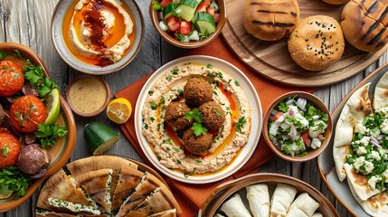 Fototapeta na wymiar A Mediterranean feast with dishes like hummus, falafel, tabbouleh, and grilled vegetables